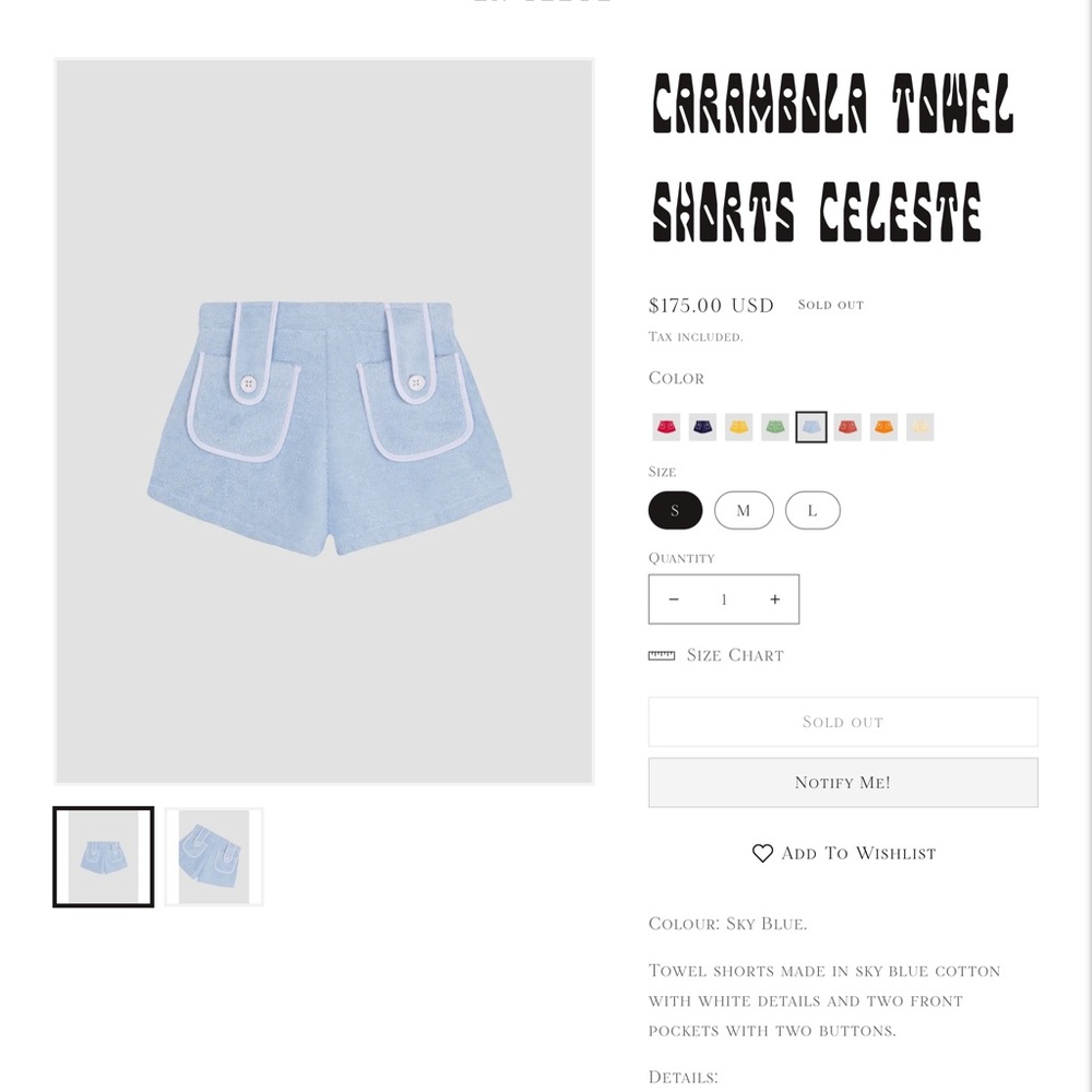 La Veste baby blue towel shorts size small nwt